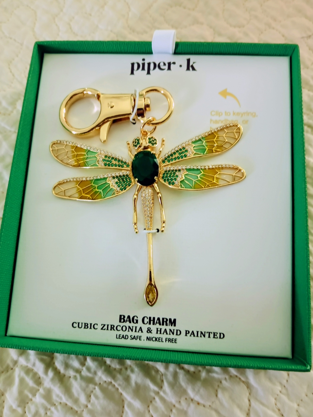 Piper.k Gold & Green Dragonfly Keychain Bag Charm